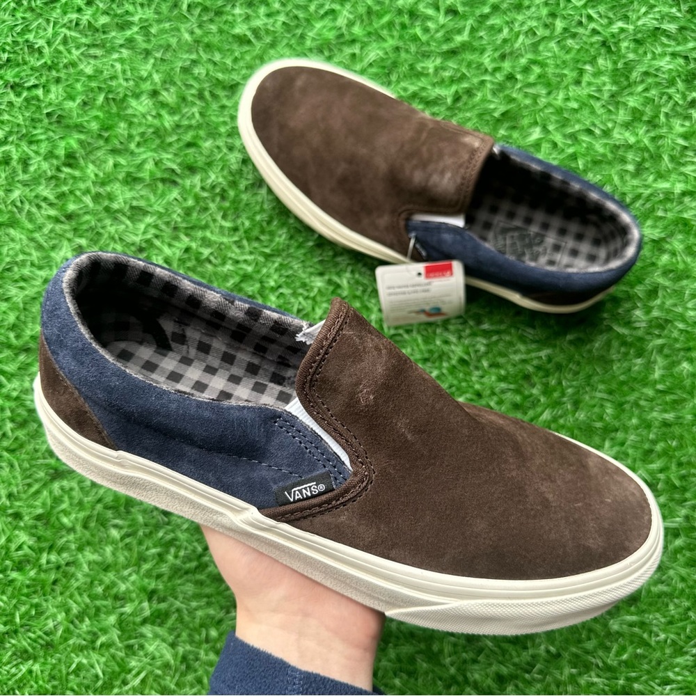 Vans Classic Slip On Pig Suede Plaid Brown Navy - Picture 3 of 10